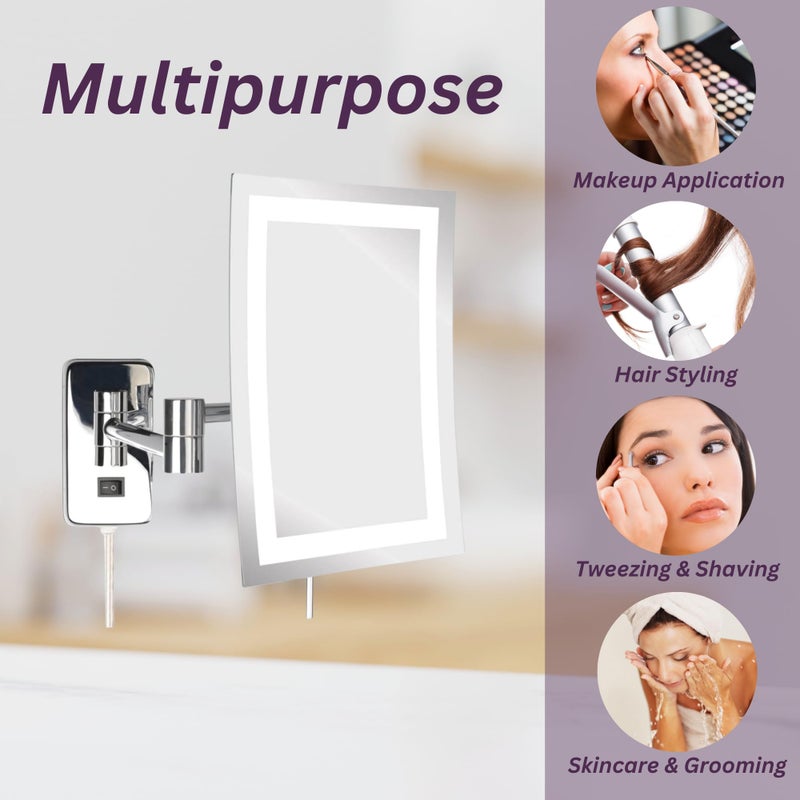 JERDON Rectangular Wall Mount Makeup Mirror - Lighted Makeup Mirror with 5X Magnification - Chrome Finish - Model JRT710CL - Image 3
